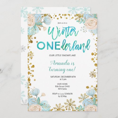 Mint Winter ONEderland Snow Birthday Invite