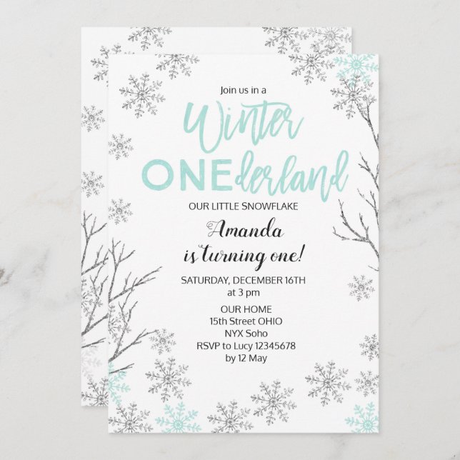 Mint Winter ONEderland Snow Birthday Invite (Front/Back)
