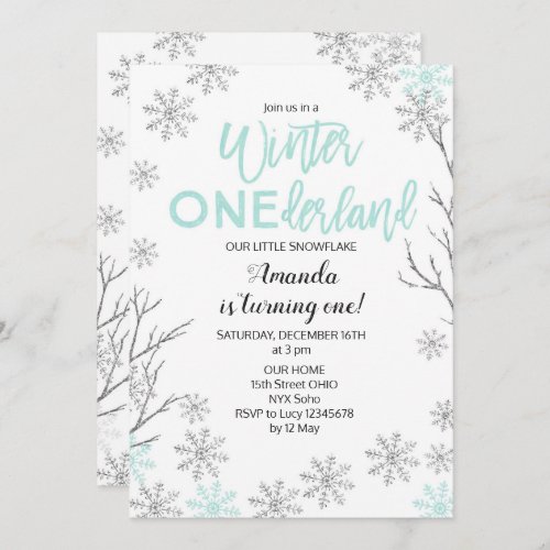 Mint Winter ONEderland Snow Birthday Invite