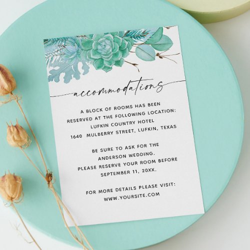 Mint winter succulents wedding accommodations enclosure card