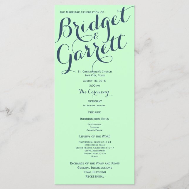 Mint with Blue Text Design Wedding Program (Front)