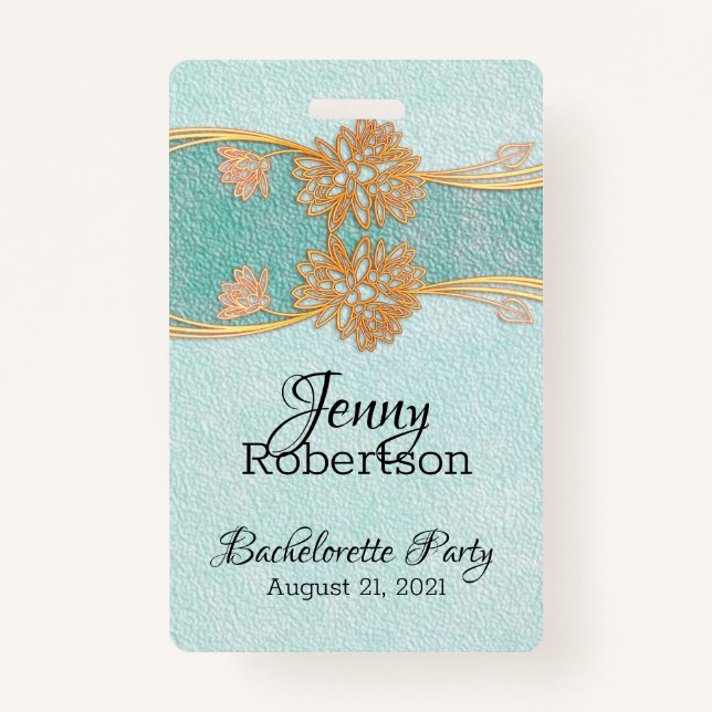 Mint with Gold Flowers Bachelorette Party Badge (Front)