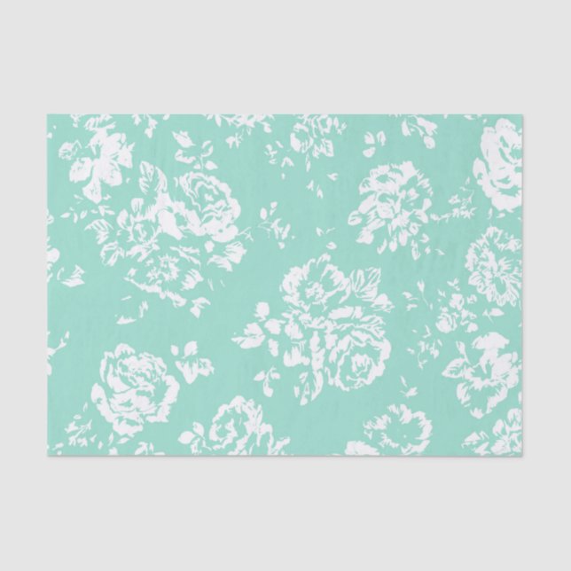 Mint with White Floral Pattern Tissue Paper (Front)