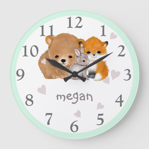 Mint Woodland Animal Fox Bear Bunny Wall Clock