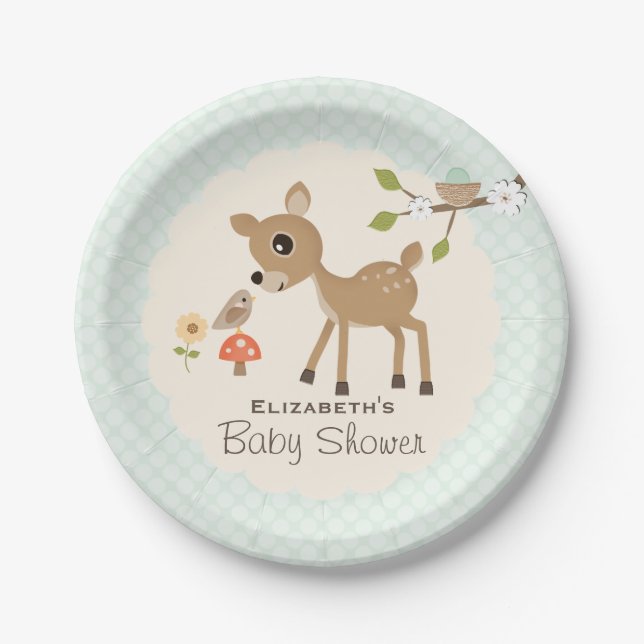 Mint Woodland Deer Baby Shower Paper Plates (Front)