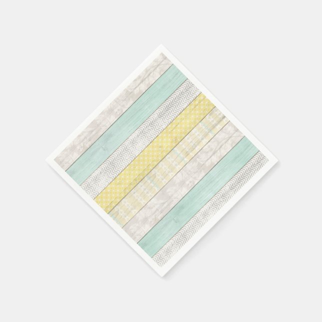Mint & Yellow Boho Geometric Pattern Rustic Wood Napkins (Corner)