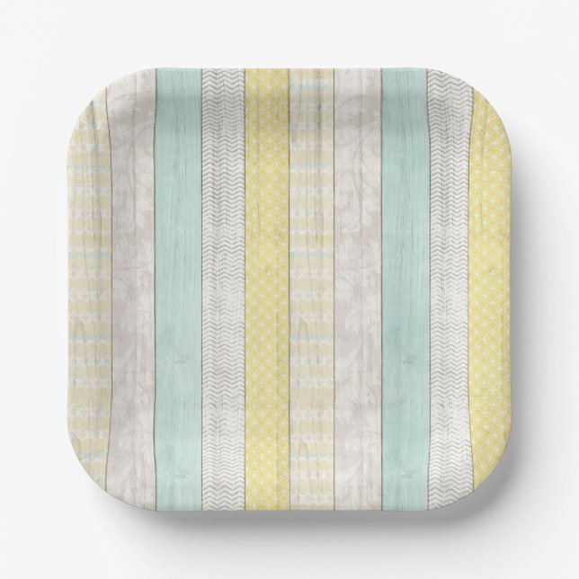 Mint & Yellow Boho Geometric Pattern Rustic Wood Paper Plates (Front)