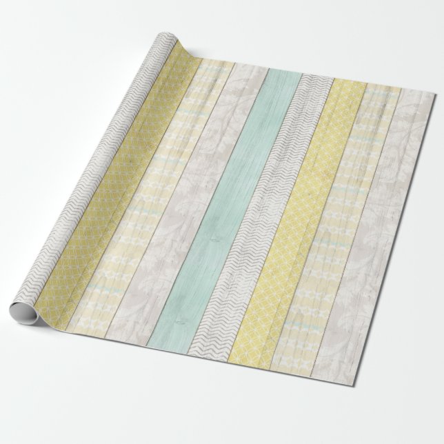 Mint & Yellow Boho Geometric Pattern Rustic Wood Wrapping Paper (Unrolled)