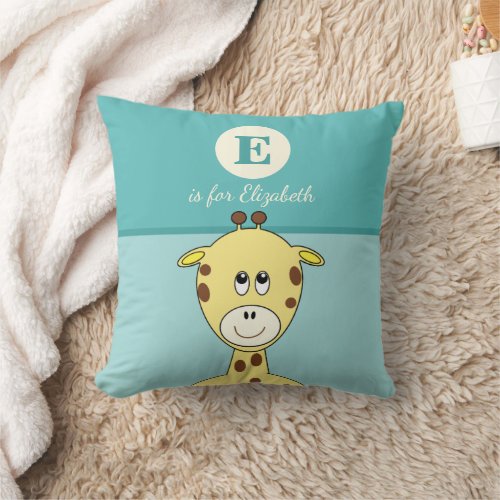Mint yellow brown with a cute giraffe baby name throw pillow