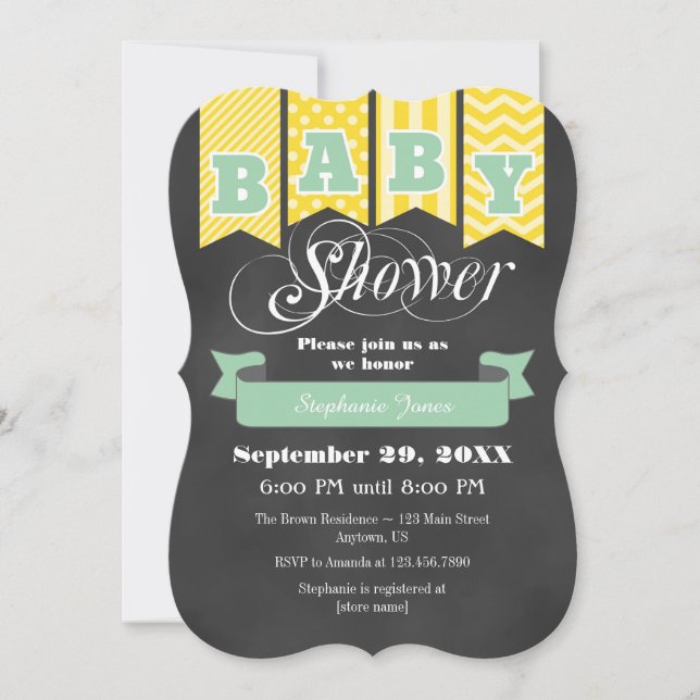 Mint Yellow Chalkboard Flag Baby Shower Invite (Front)