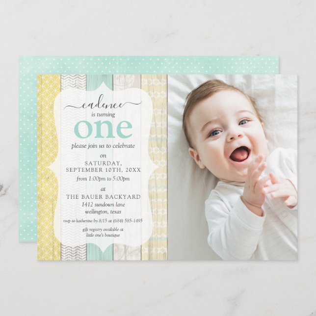 Mint & Yellow Cottage Rustic Wood Geometric Photo  Invitation (Front/Back)