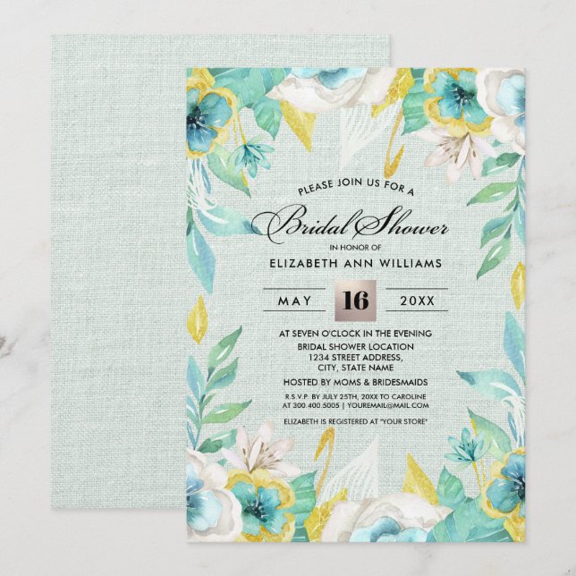 Mint Yellow Floral Burlap Bridal Shower Invitation (Front/Back)