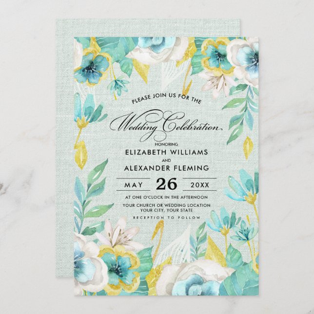 Mint Yellow Floral Burlap Wedding Invitation (Front/Back)