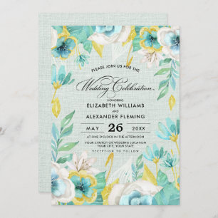 Mint Yellow Floral Burlap Wedding Invitation