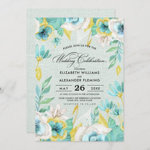 Mint Yellow Floral Burlap Wedding Invitation