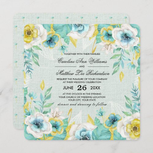 Mint Yellow Floral Burlap Wedding  Invitation