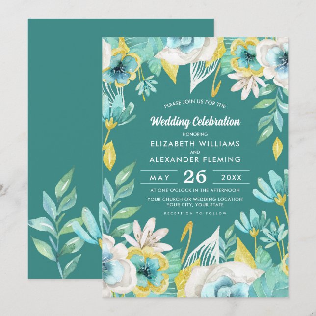 Mint Yellow Floral Watercolor Wedding Invitation (Front/Back)