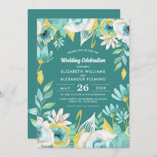 Mint Yellow Floral Watercolor Wedding Invitation
