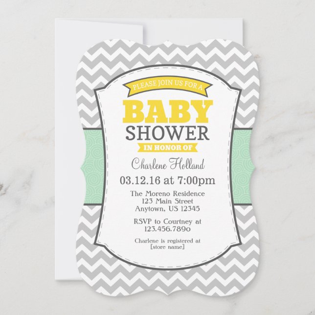 Mint Yellow Gray Chevron Baby Shower Invitation (Front)