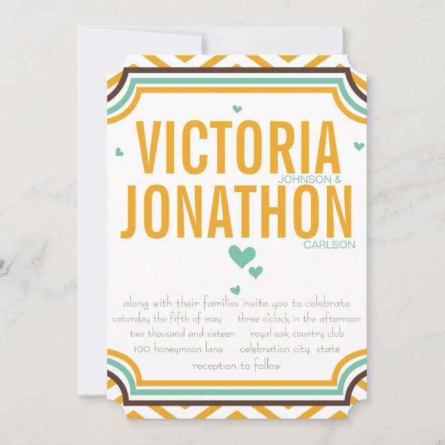 Mint Yellow Modern Zig Zag Typography Wedding Invitation (Front)