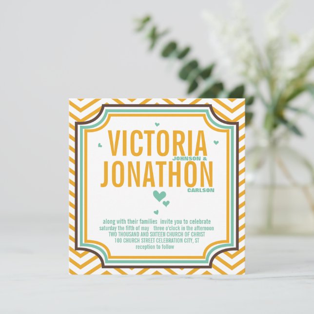 Mint Yellow Modern Zig Zag Typography Wedding Invitation (Standing Front)