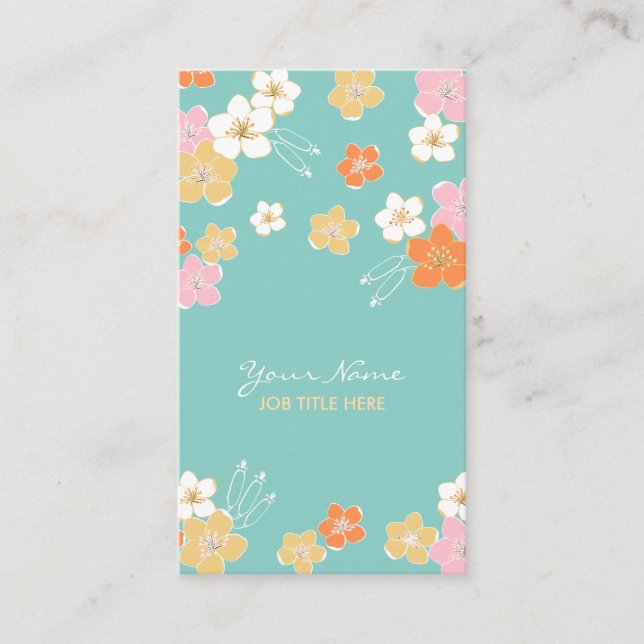 Mint yellow pink summer hawaiian exotic flowers business card (Front)