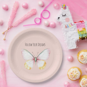 Mint Yellow Pink Teal Butterfly Blush Birthday Paper Plates