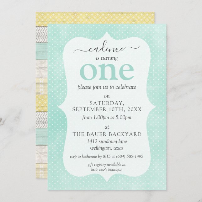 Mint & Yellow Rustic Cottage Custom Age Birthday Invitation (Front/Back)