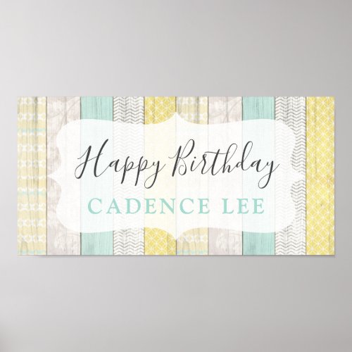 Mint  Yellow Rustic Cottage Wood Happy Birthday Poster