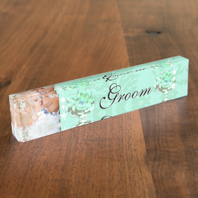Mint Your Photo Groom's Succulent Wedding Desk Name Plate (Side)