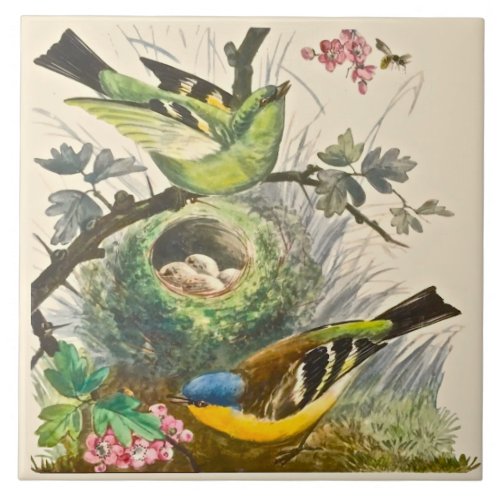 Minton Hand Painted Birds Berries Late 1800s Repro Ceramic Tile