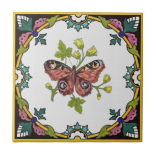 Minton Peacock Butterfly Hand-Colored c.1870 Repro Tile