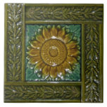 Minton Stoke on Trent Sunflower Majolica Tile<br><div class="desc">Minton tiles were considered among the finest produced in the late nineteenth and early twentieth centuries. This tricolor majolica design features a gold sunflower on a teal background framed by olive green strips with a leaf design. The sunflower was a favorite motif during the Arts & Crafts/Craftsman movement of the...</div>