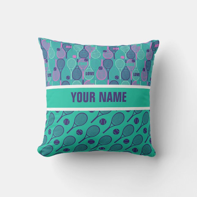 Minty and purple tennis rackets with your name throw pillow (Front)