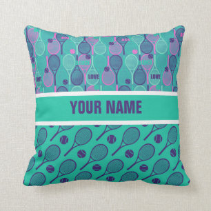 Minty and purple tennis rackets with your name throw pillow