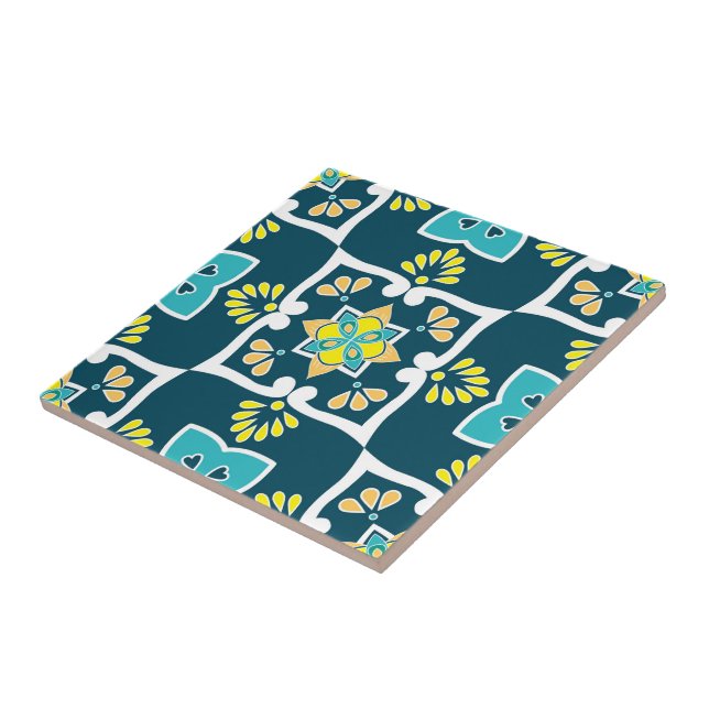 Minty and teal Azulejos with yellow elements Ceramic Tile (Side)