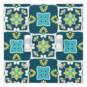Minty and teal Azulejos with yellow elements Light Switch Cover