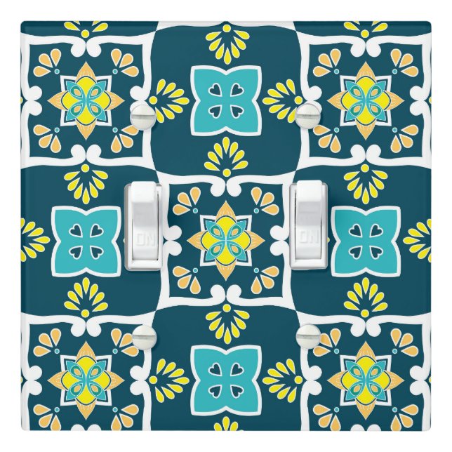 Minty and teal Azulejos with yellow elements Light Switch Cover (In Situ)