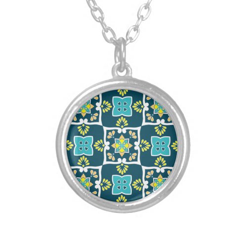 Minty and teal Azulejos with yellow elements  Silver Plated Necklace