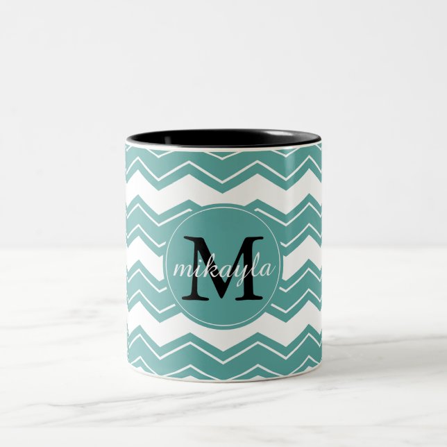Minty Chevron Monogram Two-Tone Coffee Mug (Center)