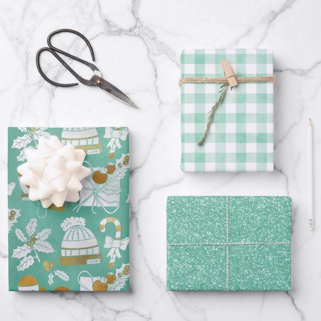 Minty Cozy Holiday Wrapping Paper Sheets (Front)
