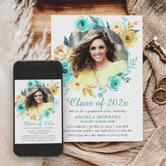Minty Cyan Gold Floral Photo Graduation Party Invitation