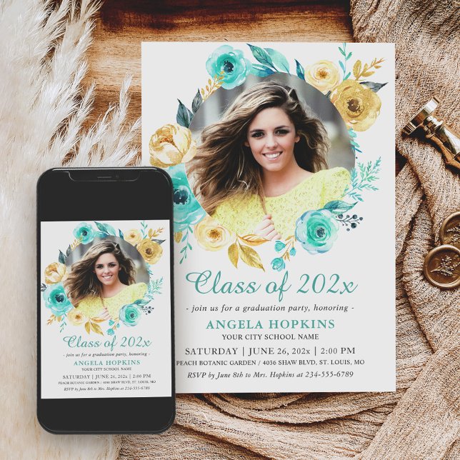 Minty Cyan Gold Floral Photo Graduation Party Invitation (Creator Uploaded)