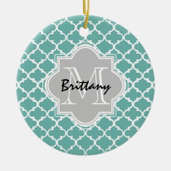 Minty Green And Gray Moroccan Quatrefoil Monogram Ceramic Ornament by SimpleMonograms at Zazzle
