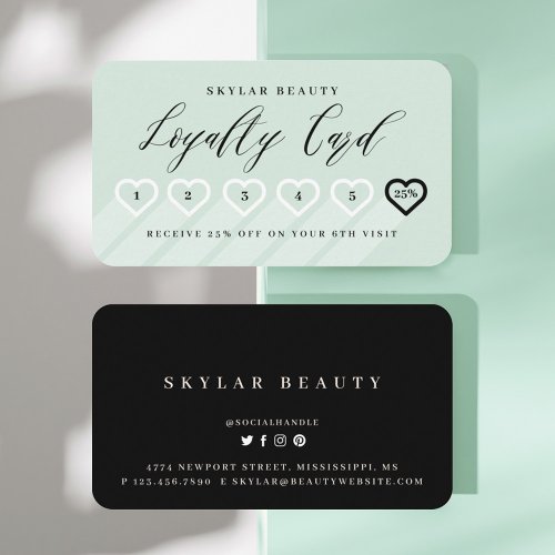 Minty Green  Black Stylish Minimal Heart Love Loyalty Card