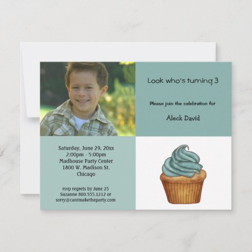 Minty Green Cupcake Photo Birthday Invitation