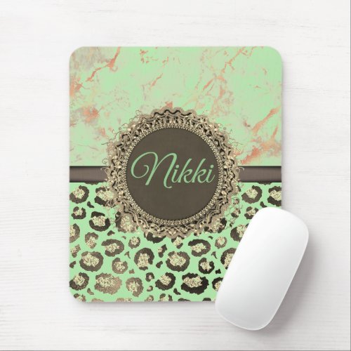 Minty Green Marble Glittery Leopard        Mouse Pad