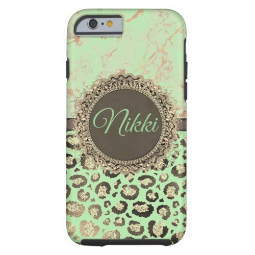Minty Green Marble Glittery Leopard Personalized  Tough iPhone 6 Case