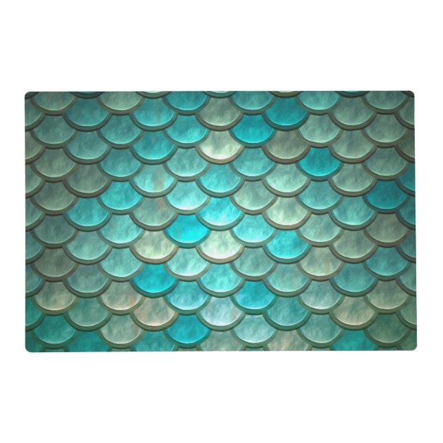 Minty Green Mermaid fish scales pattern Placemat (Front)