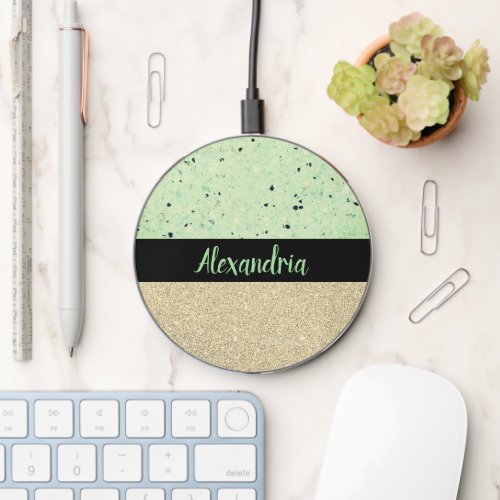 Minty Green Terrazzo Gold Sparkly   Wireless Charger